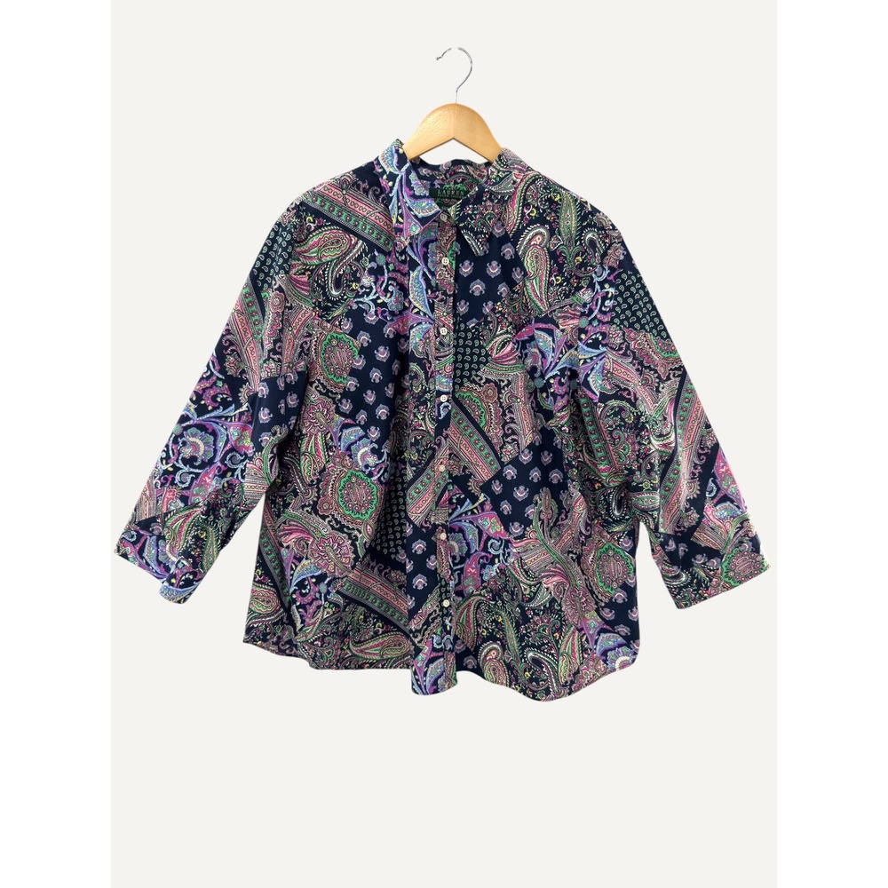 Lauren Ralph Lauren Cotton Paisley Patchwork 3X Button Down Shirt Vibrant Office